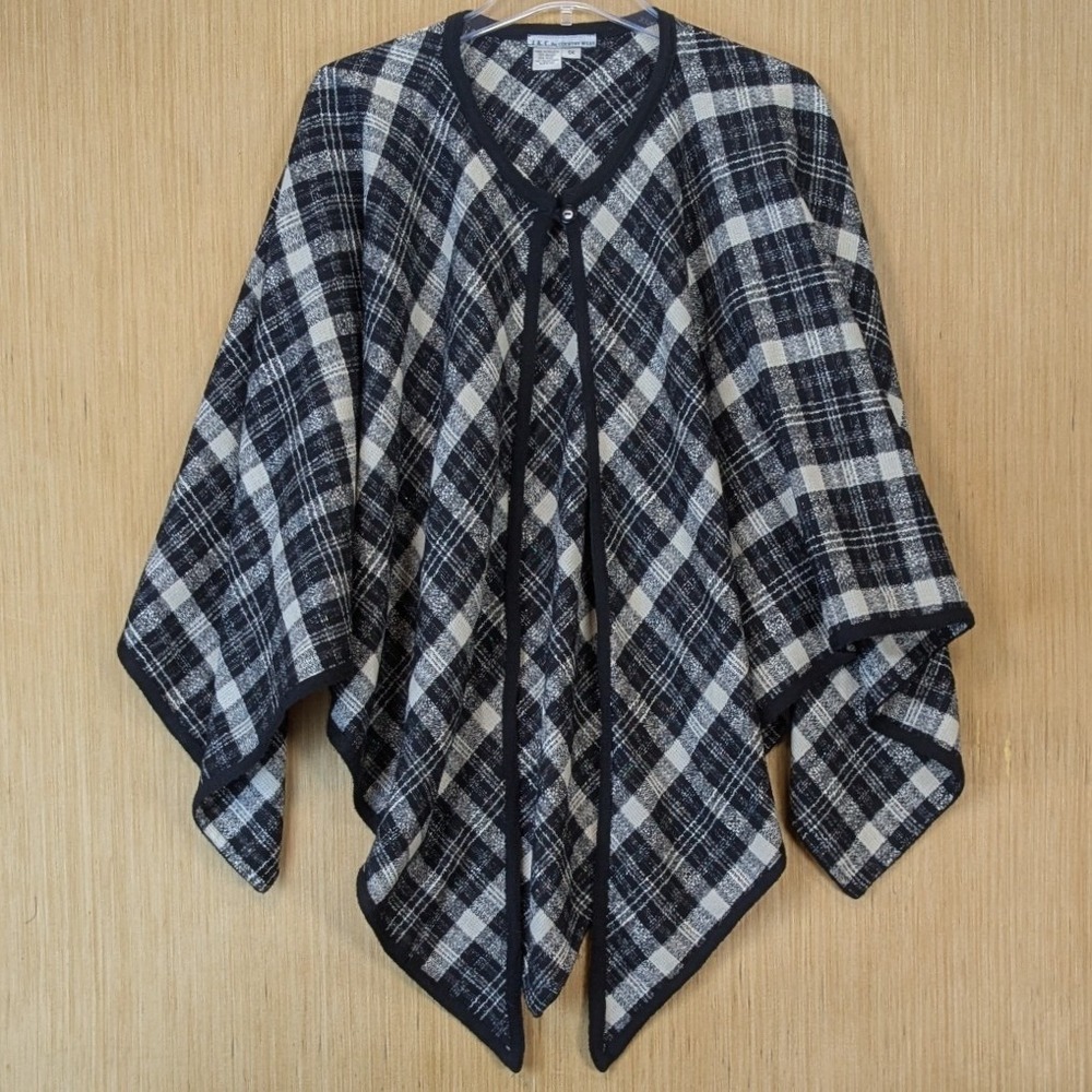Women's Old Money Heritage Dark Academia Plaid Wool Blend Poncho Cape‎ Wrap 1X